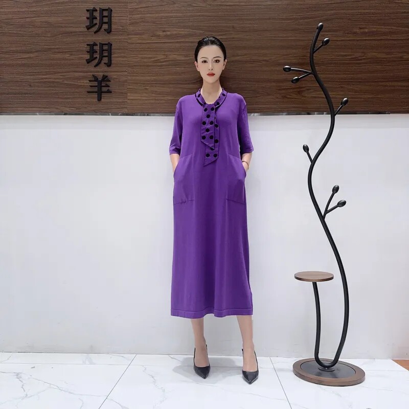 A594紫色领巾飘带针织连衣裙显瘦收腰设计师优雅时尚气质复玥玥羊