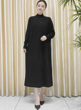 9822黑色条形钻设计款羊毛气质秋冬轻奢针织连衣裙时尚复古