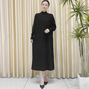 9822黑色条形钻设计款 复古 羊毛气质秋冬轻奢针织连衣裙时尚