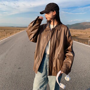 皮衣外套女2023年秋季设计感复古棕色高级宽松小个子机车夹克上衣