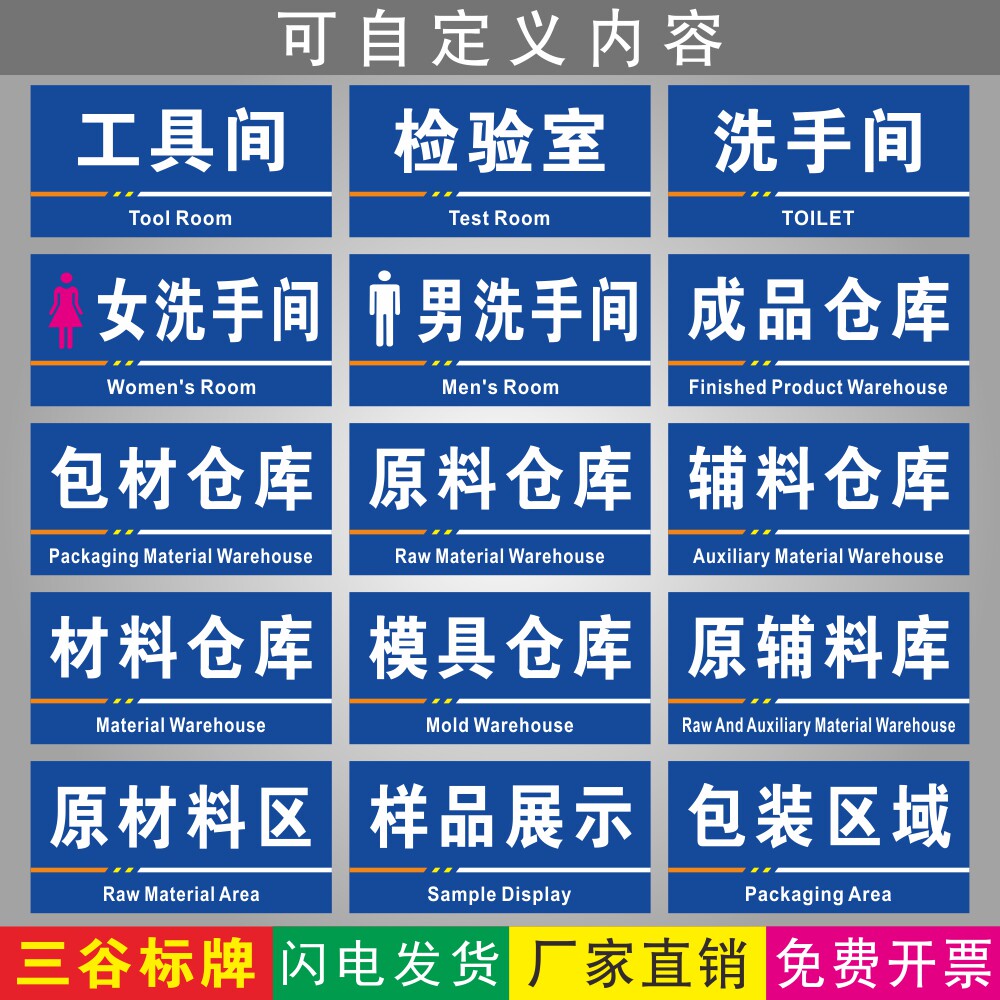 包材原料辅料材料模具成品仓库工厂区仓储货物分类标牌识牌工具间检验室男女洗手间原材料库样品展示包装区域