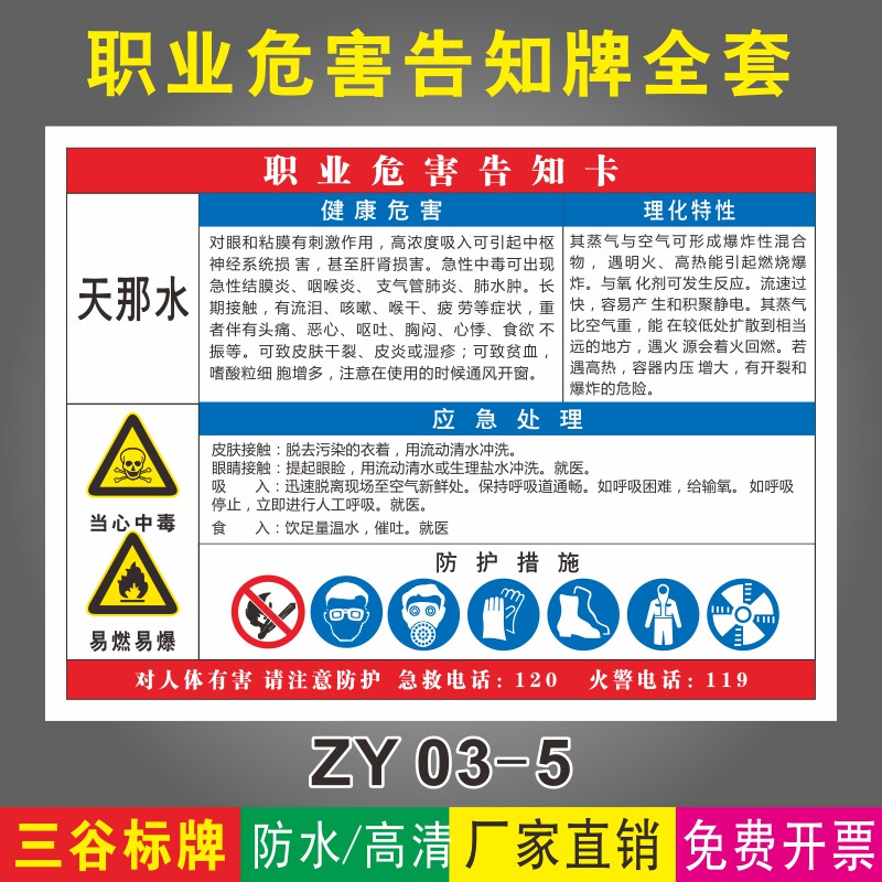 天那水当心中毒易燃易爆职业危害告知牌全套工厂车间验厂作业职业病有