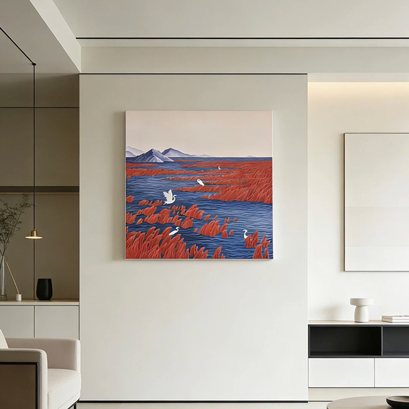湿地红滩白鹭栖居风景装饰画小众软装挂画客厅入户玄关艺术墙壁画