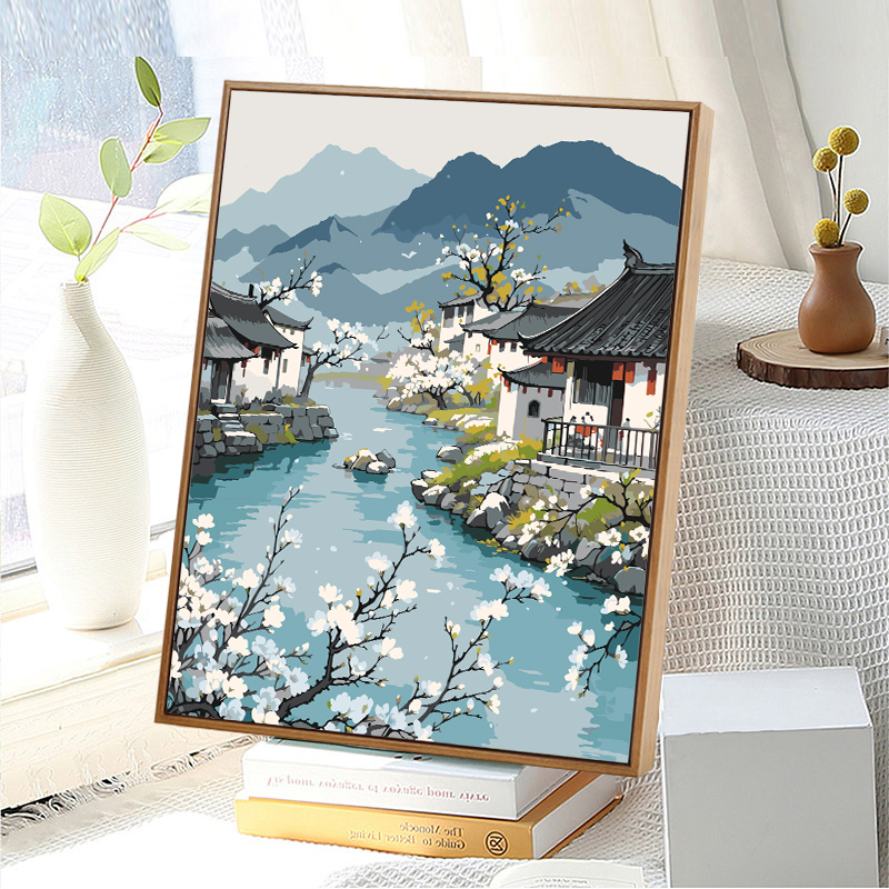 数字油画diy江南水乡风景山水手工填色丙烯画画画油彩画装饰挂画