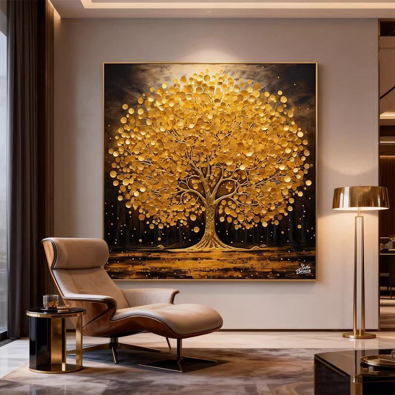 现代简约发财树客厅装饰画新款正方形金钱树肌理感寓意好玄关壁画