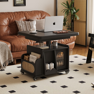 法式复古风实木移动边几阳台客厅家用小户型升降折叠沙发边柜茶几