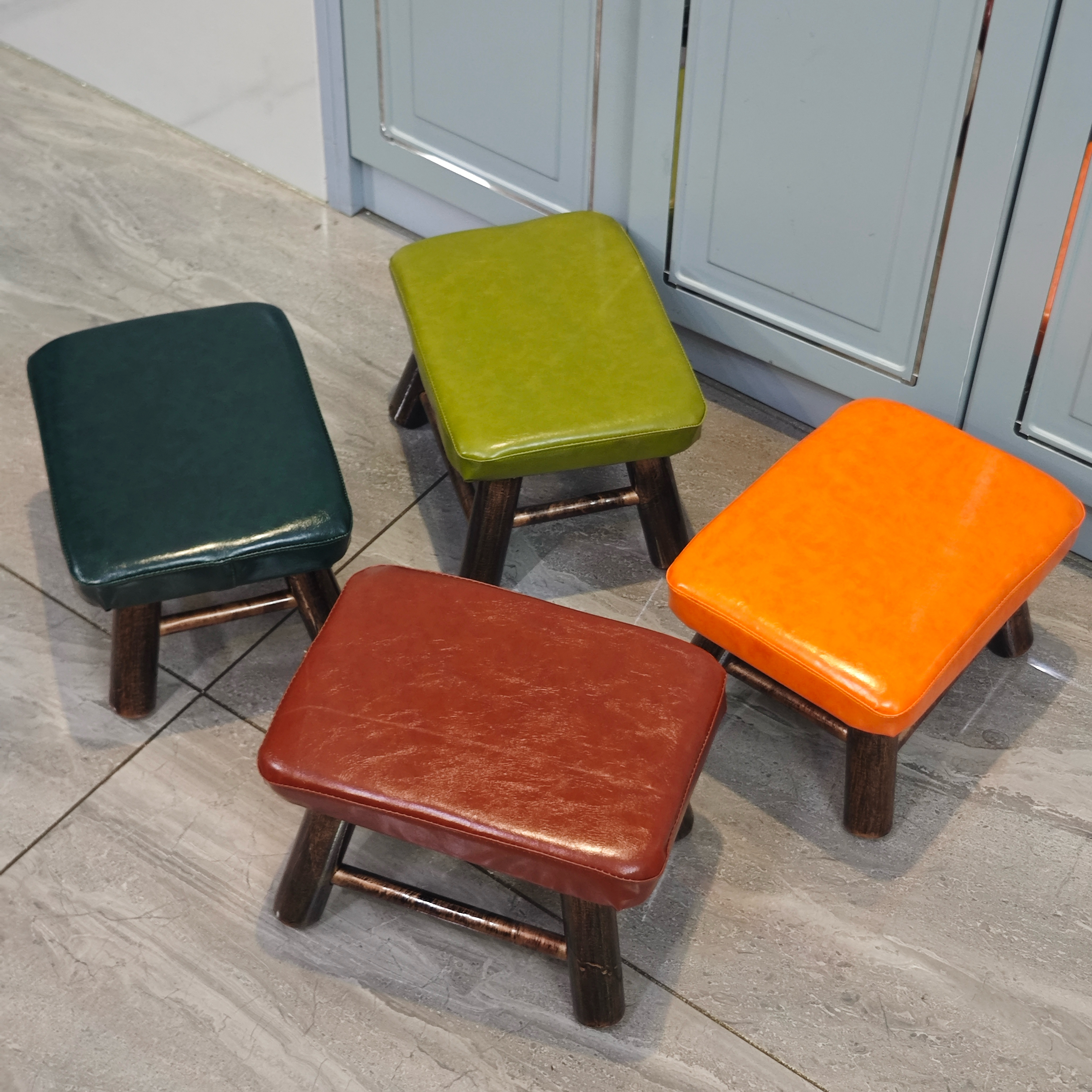 美式乡村家用客厅小凳子茶几门口换鞋长方矮板凳实木通用皮革软椅