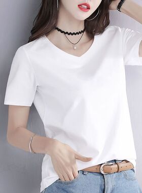 白色女士t恤短袖夏季韩版宽松百搭正肩体恤新款简约显瘦v领上衣潮