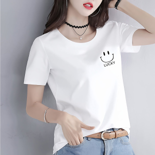 韩版 2025新款 百搭正肩体恤简约印花上衣ins t恤女夏季 白色宽松短袖