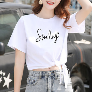 高腰设计感小众绑带露脐上衣夏季 白色短款 t恤女短袖 宽松韩版 新款