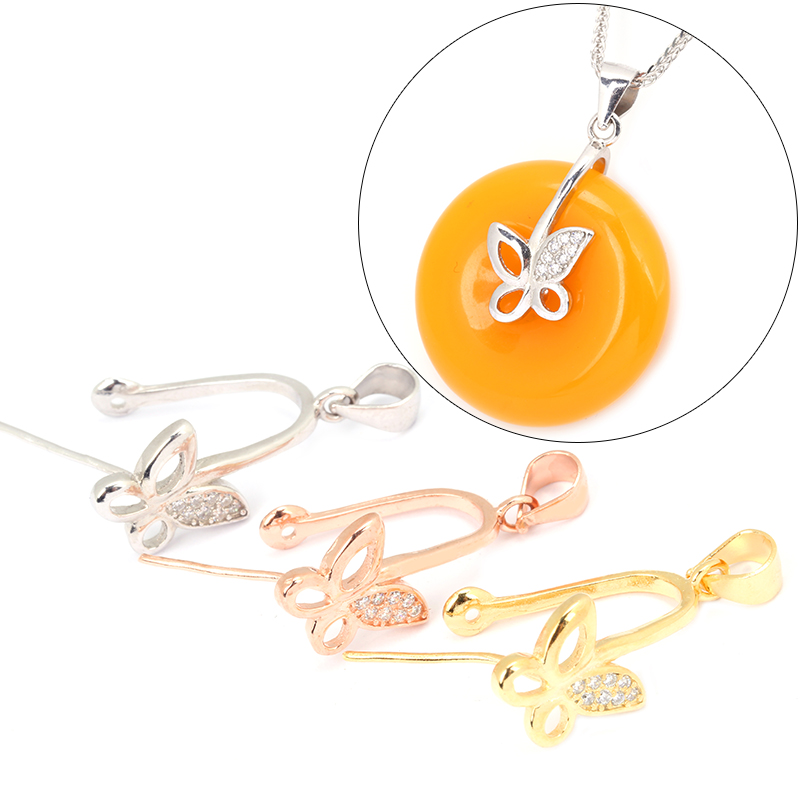 S925纯银平安扣夹扣蝴蝶和田碧玉蜜蜡琥珀扣头玉器吊坠扣项链银扣