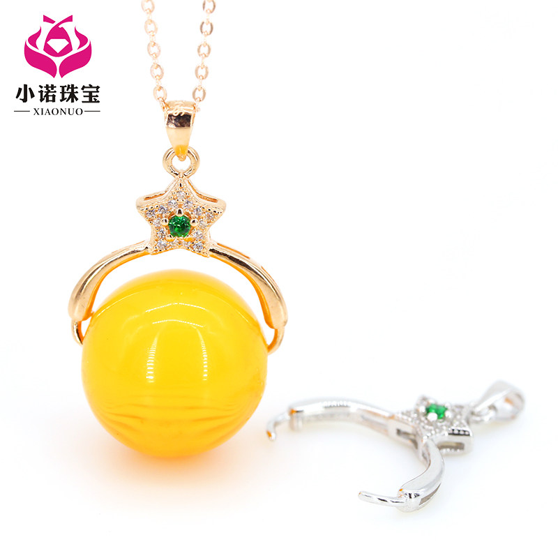 S925纯银圆珠扣18mm圆珠对夹扣蜜蜡水晶转运珠空托玉石圆珠银扣头