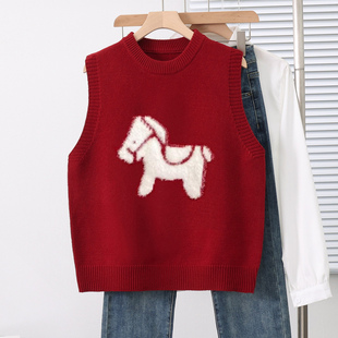 新年本命服小马提花针织马甲女春秋冬叠穿内搭显瘦坎肩外搭背心女
