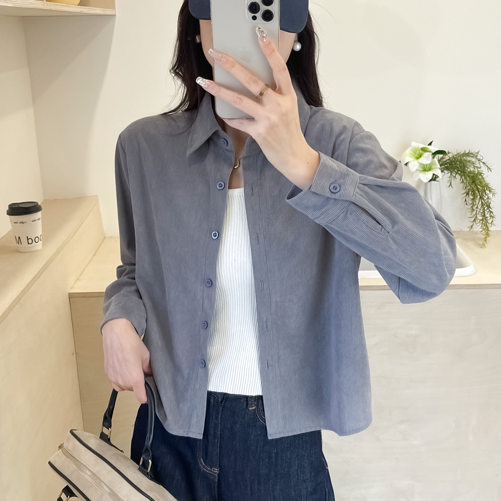 早春洋氣休閑燈芯絨polo襯衫女內(nèi)搭純色磨毛純棉襯衣寬松上衣外穿