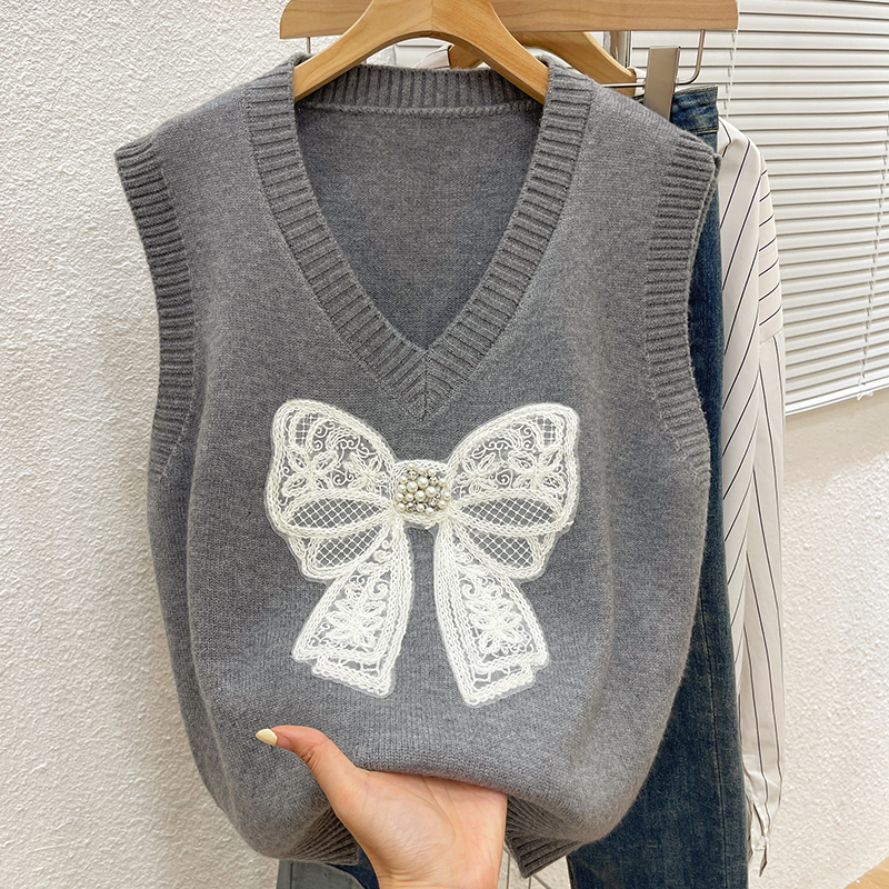 蝴蝶结钉珠针织马甲女秋冬背心女