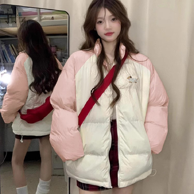 韩版拼接撞色面包棉服女冬季