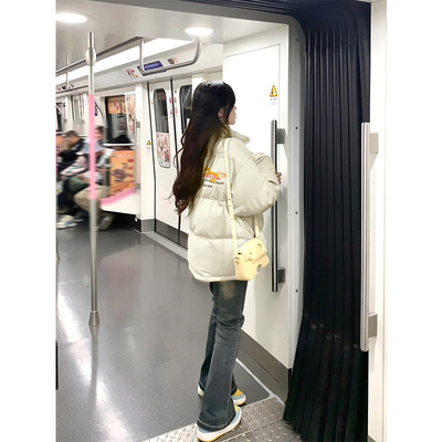 复古高级学院风字母棉服女立领