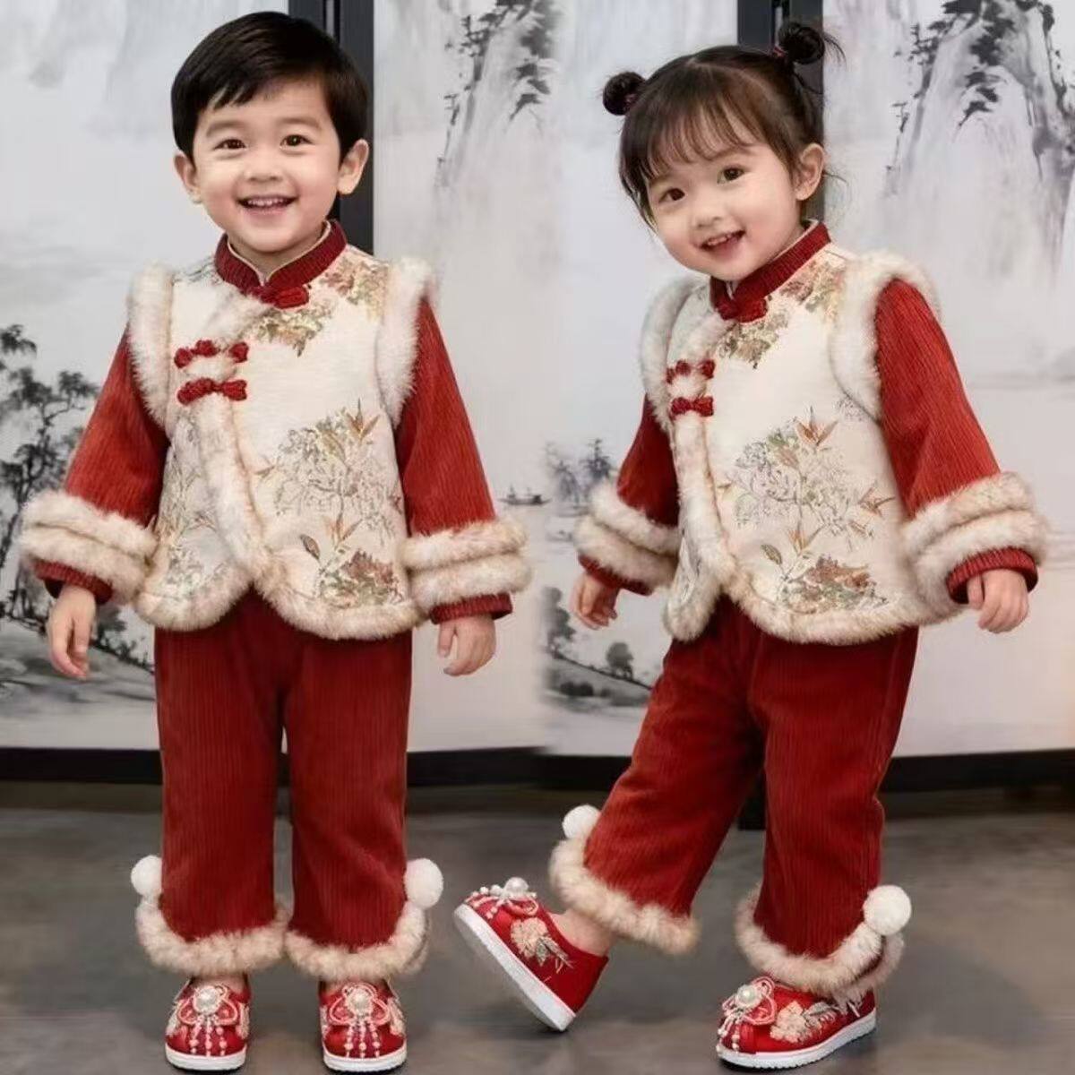 女童国风套装冬季新年衣服儿童冬