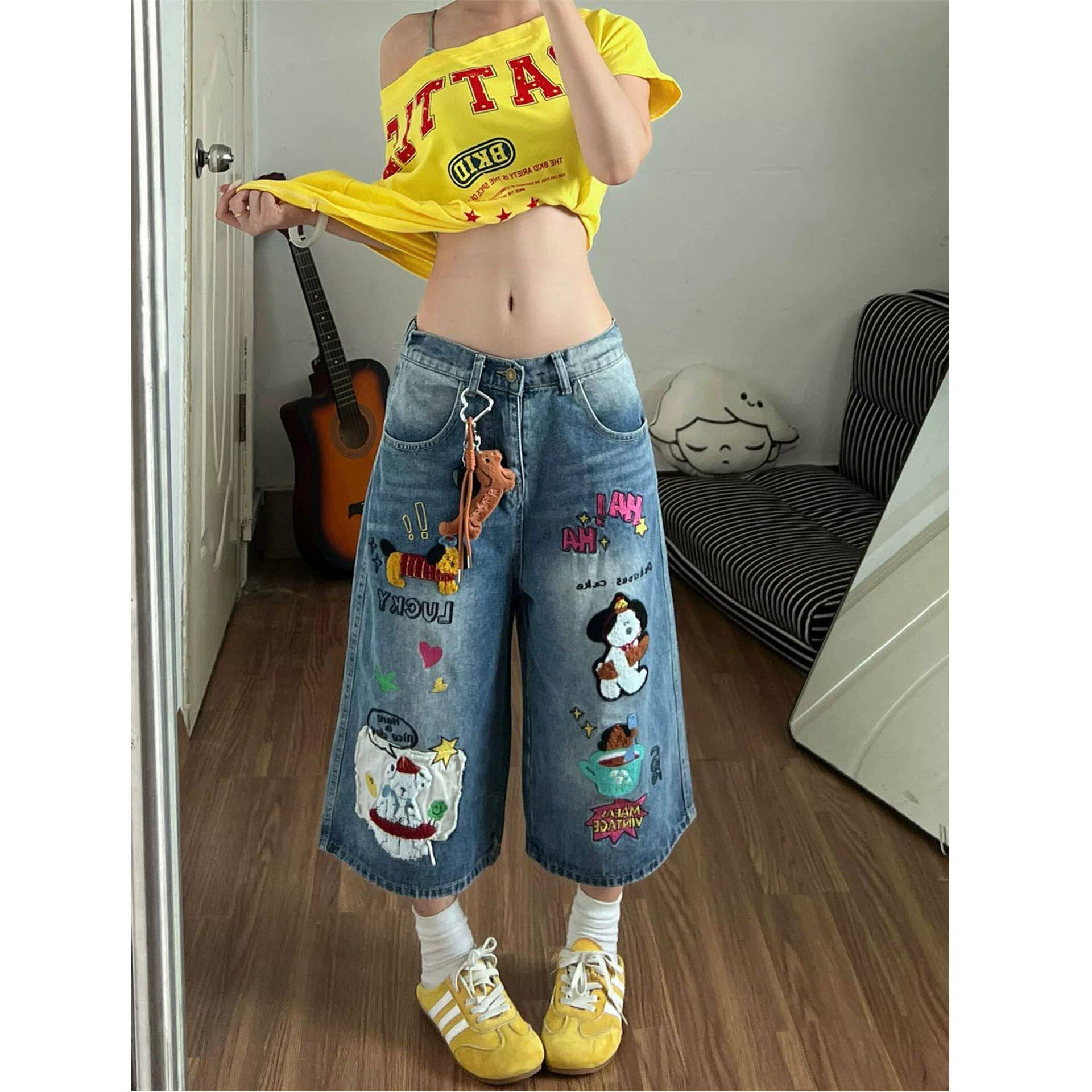 美式卡通刺绣七分牛仔裤女款20牛仔裤