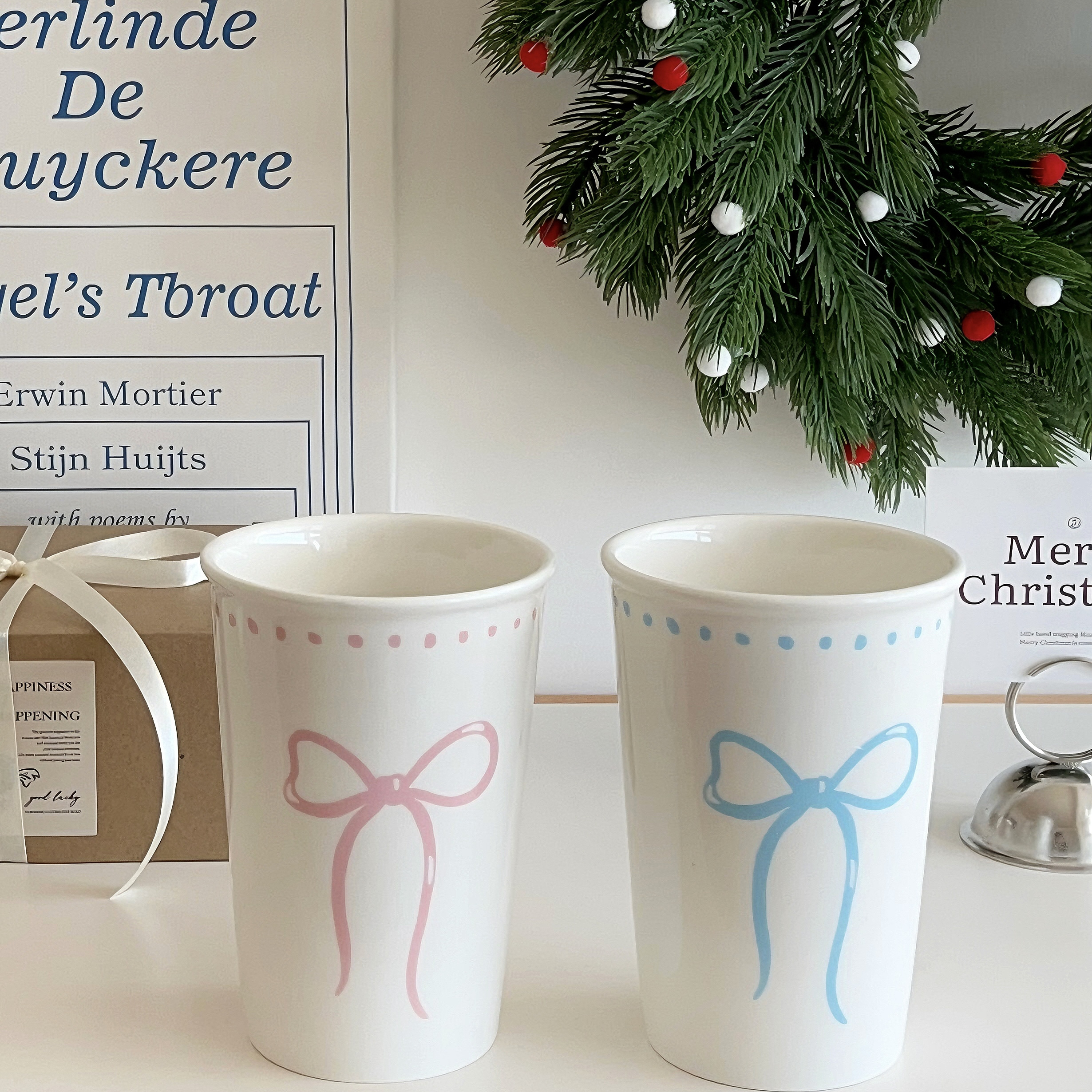 ins手绘风粉色波点蝴蝶结手握杯早餐杯水杯陶瓷杯马克杯咖啡杯