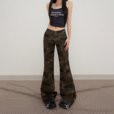 CCURA美式复古辣妹低腰喇叭裤迷彩修身显瘦弹力百搭微喇牛仔裤女
