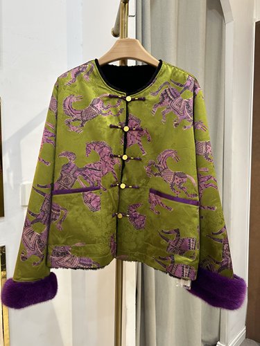 欧洲站2025冬新圆领水貂毛袖口真丝提花皮毛一体双面穿皮草37873