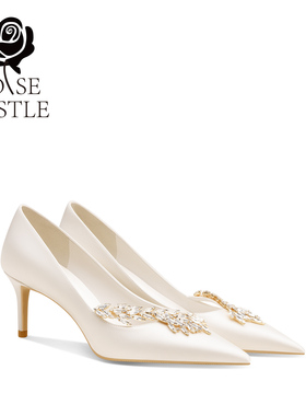 Rose castle2025新款麦穗婚鞋女结婚新娘鞋白色缎面高跟鞋单鞋