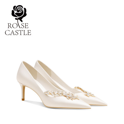 Rose castle2025新款麦穗婚鞋女结婚新娘鞋白色缎面高跟鞋单鞋