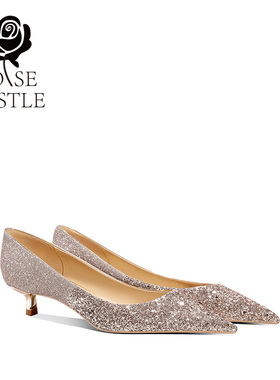 rose castle水晶婚鞋女低跟秀禾婚纱两穿新娘订婚鞋金色孕妇单鞋
