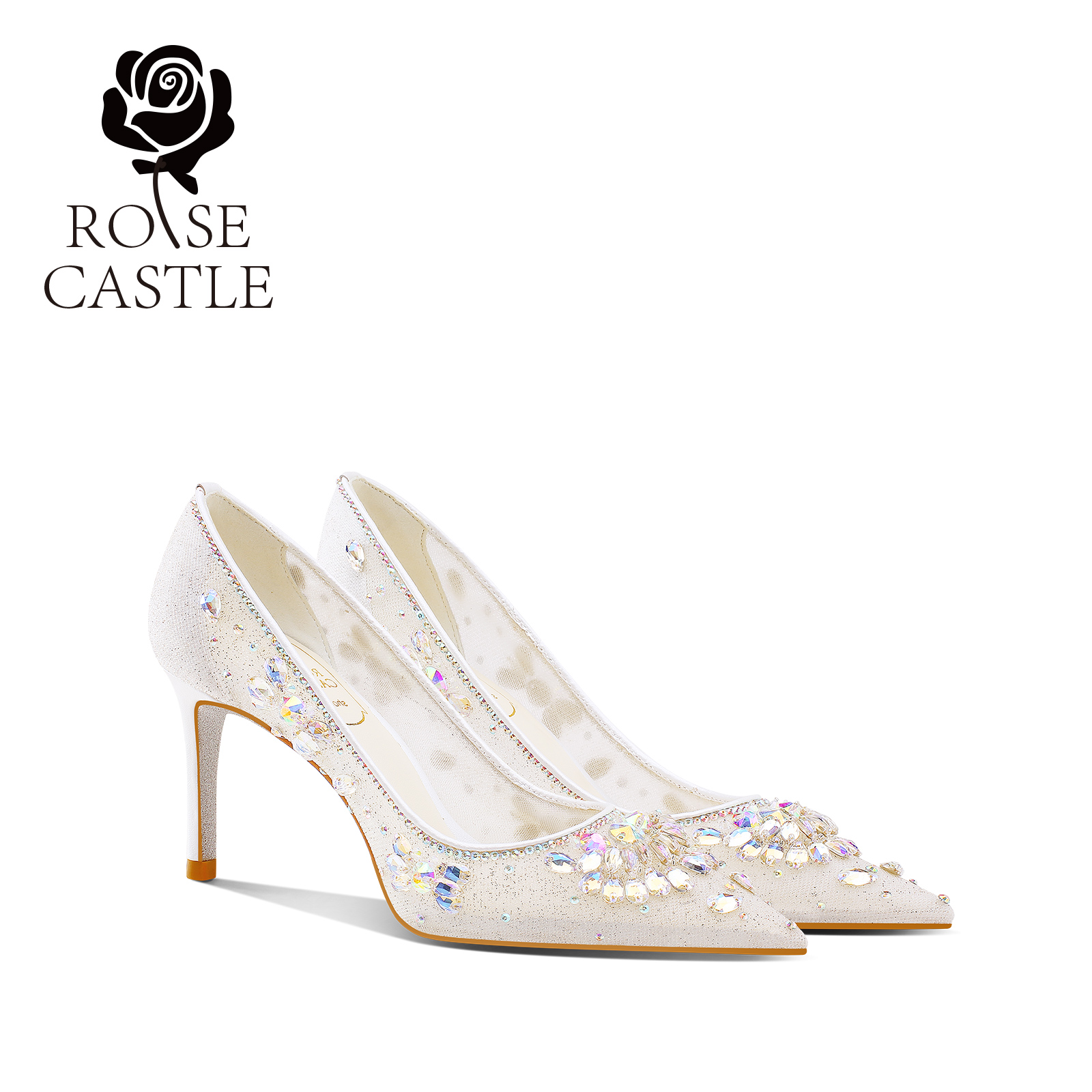 水晶幻境rose castle婚鞋女轻奢白色蕾丝水晶高跟鞋主婚纱