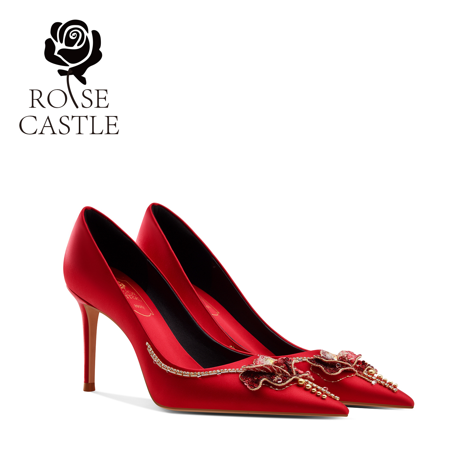 挚爱玫瑰rose castle婚鞋女新娘鞋秀禾敬酒服轻奢红色缎面高跟鞋