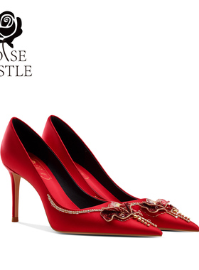 挚爱玫瑰rose castle婚鞋女新娘鞋秀禾敬酒服轻奢红色缎面高跟鞋
