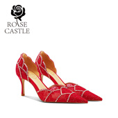 秀禾敬酒服轻奢红色一字带高跟鞋 蔷薇花影rosecastle婚鞋 女新娘鞋