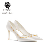 castle 法式 手工订婚鞋 水晶风玲rose 女白色水钻主婚纱侧空高跟鞋