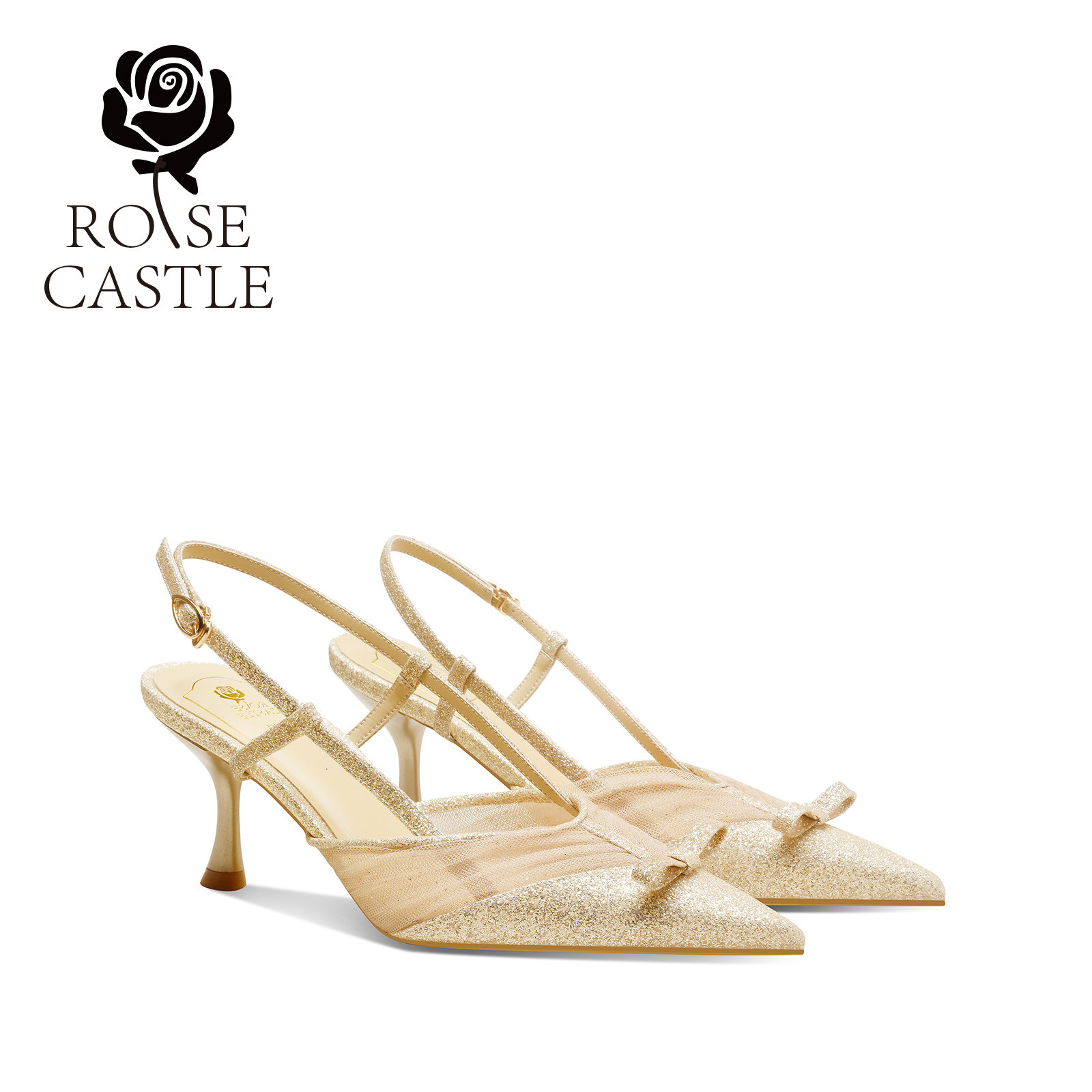 rose castle金色亮片网布尖头2026新款夏季细跟高跟鞋
