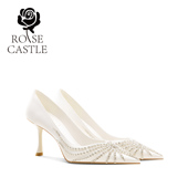 castle法式 新款 水钻婚鞋 rose 新娘鞋 春夏季 绸缎细跟白色高跟鞋 女