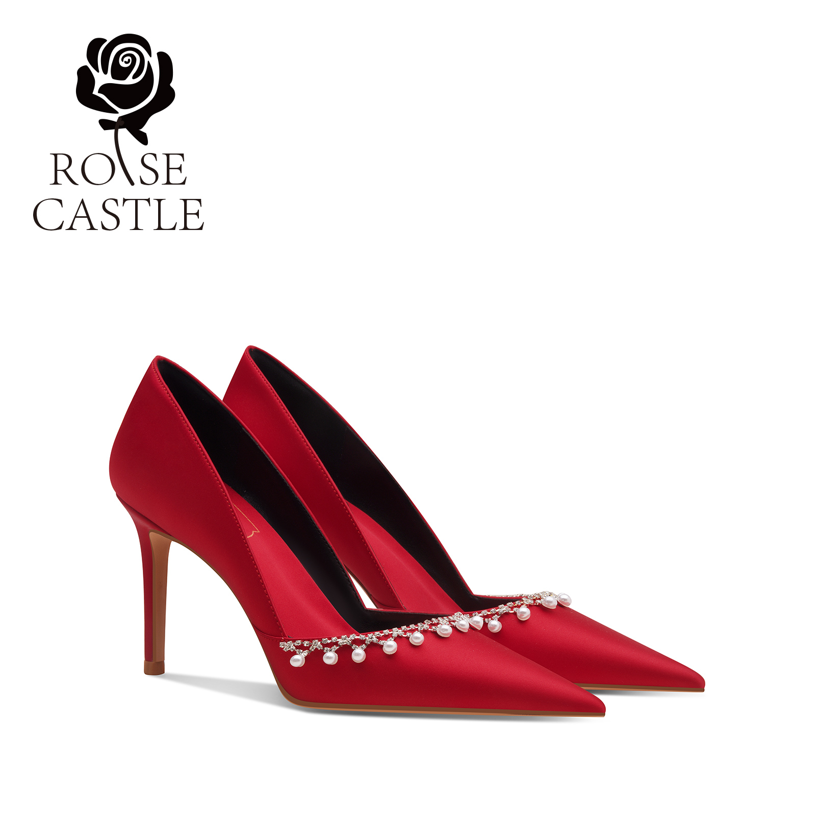 红霓絮语 rosecastle 婚鞋女高跟鞋红色秀禾鞋尖头细跟珍珠单鞋