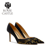 rose 手工刺绣宴会旗袍单鞋 castle流金岁月婚鞋 女蕾丝黑色高跟鞋