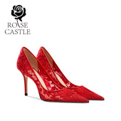 玫瑰庄园 rosecastle婚宴鞋 红色蕾丝婚鞋 女法式 高跟新娘单鞋