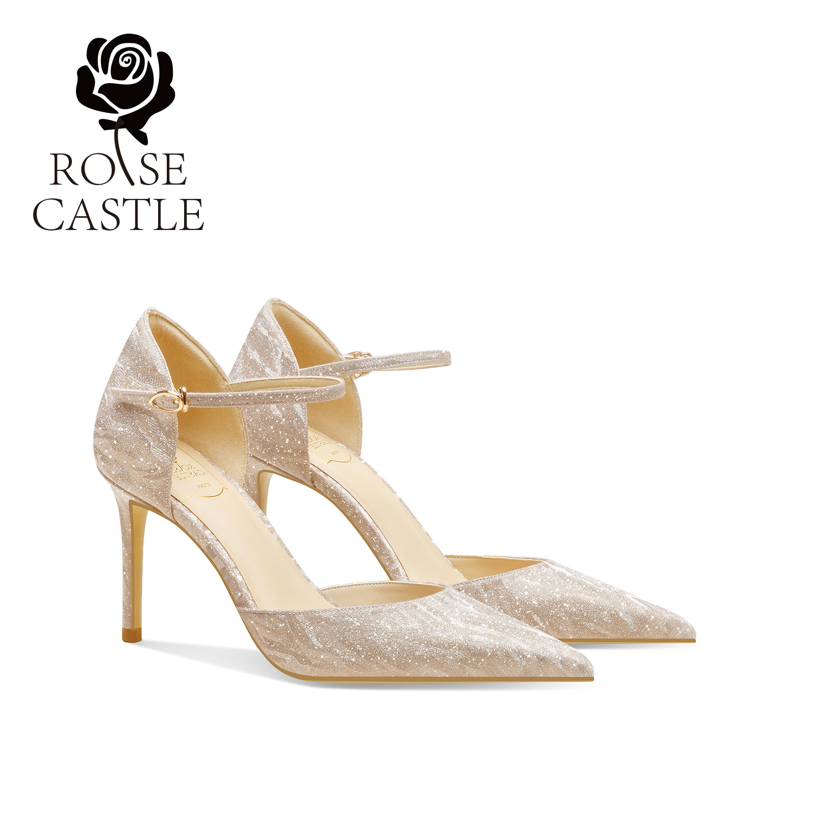 rosecastle 婚鞋女一字带尖头细跟金色中空高跟鞋秀禾婚纱