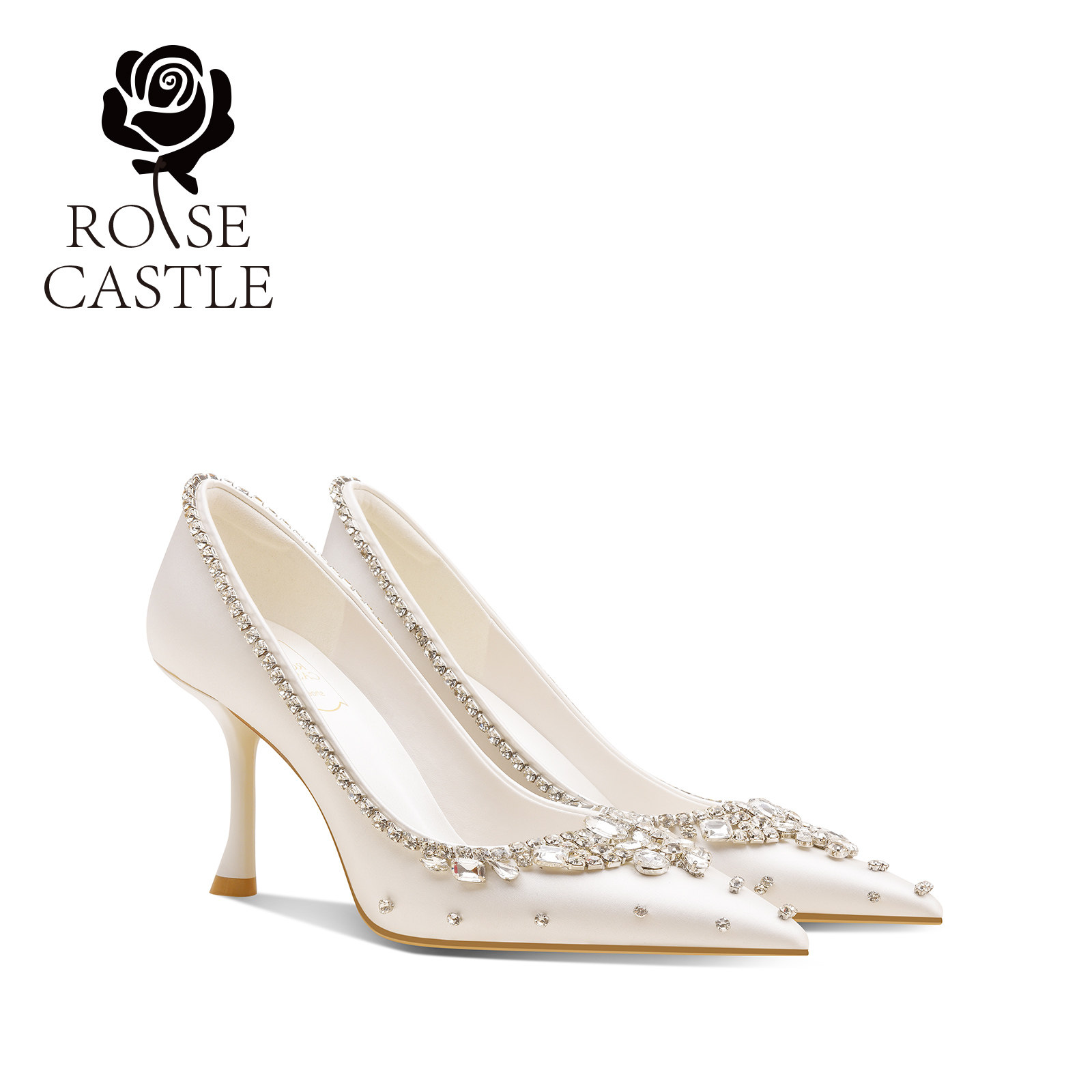 rose castle法式白色缎面水钻婚鞋女主婚纱新娘结婚订婚鞋
