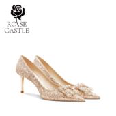 新娘单鞋 rosecastle婚鞋 女金色日常婚纱两穿宴会礼服水晶高跟婚鞋