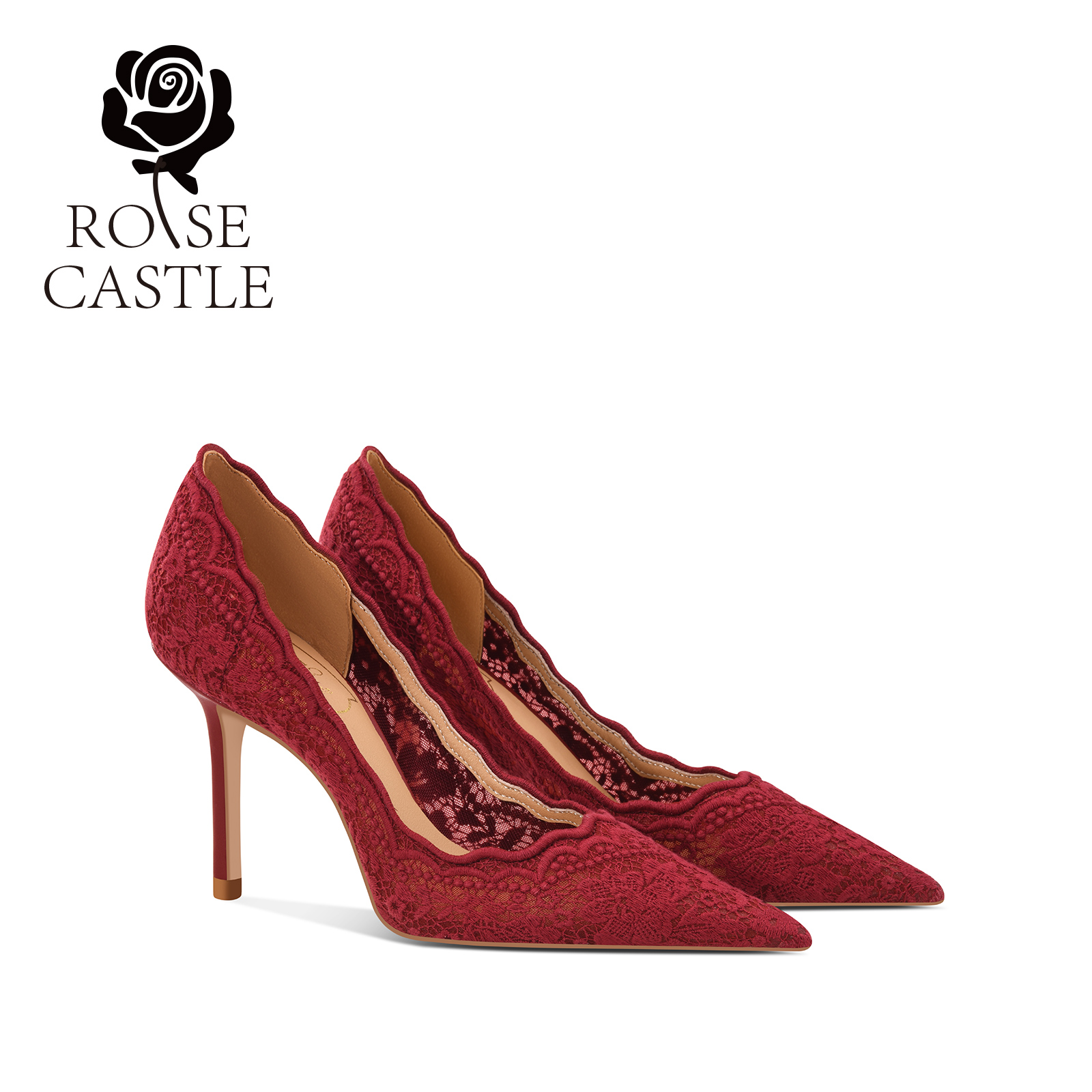 rosecastle红色婚鞋女2025春季新款刺绣蕾丝新娘鞋红色秀禾高跟鞋