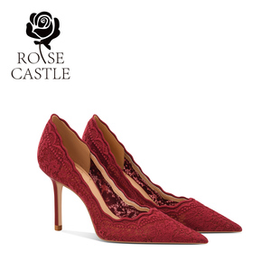 红色秀禾高跟鞋 rosecastle红色婚鞋 刺绣蕾丝新娘鞋 新款 女2025春季