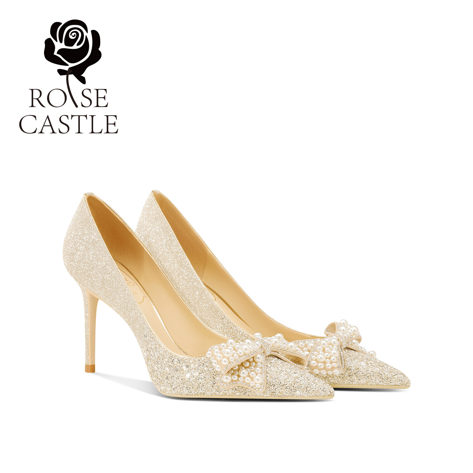 星际穿越rosecastle婚宴鞋水晶婚鞋金色蝴蝶结高跟新娘鞋日