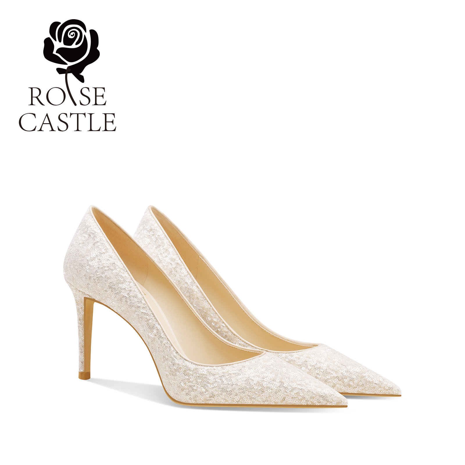 rosecastle婚鞋女2025新白色亮片婚鞋日常可穿舒适主婚