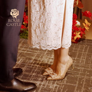 旗袍鞋 rosecastle金色婚鞋 新款 绝美不累脚方扣高跟鞋 女新娘敬酒鞋