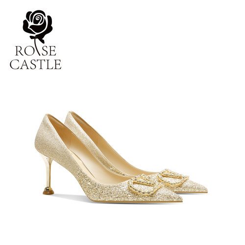 rosecastle金色闪钻细跟V扣婚鞋
