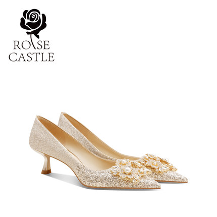 rose castle秀禾婚鞋女新娘鞋2025新款金色中低跟不累脚水晶鞋