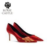 红色秀禾服高跟鞋 荣华富桂rose 桂花刺绣婚鞋 新娘鞋 castle 新中式